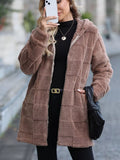 Khaki fleece zip-up hooded jacket with front pockets and open zipper