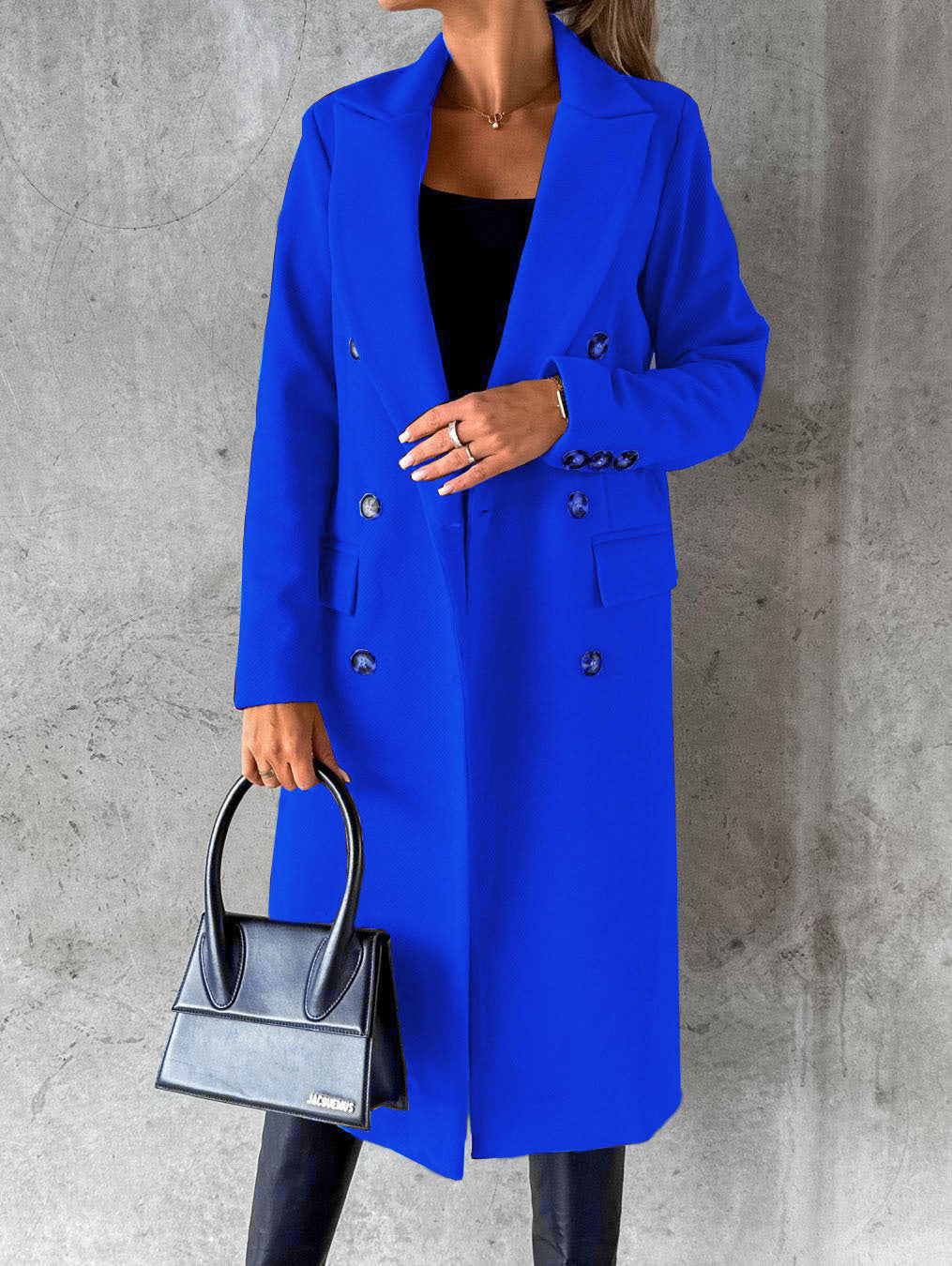 Women’s double-breasted lapel coat in royal blue with long sleeves and button details