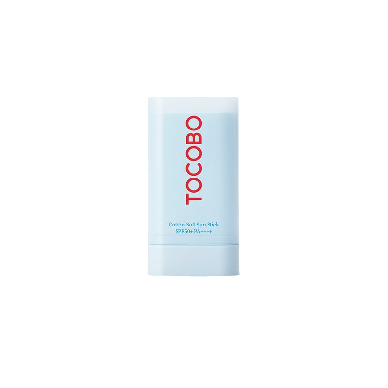 Cotton sun stick SPF 50+ PA++++ in light blue tube with TOCOBO logo.