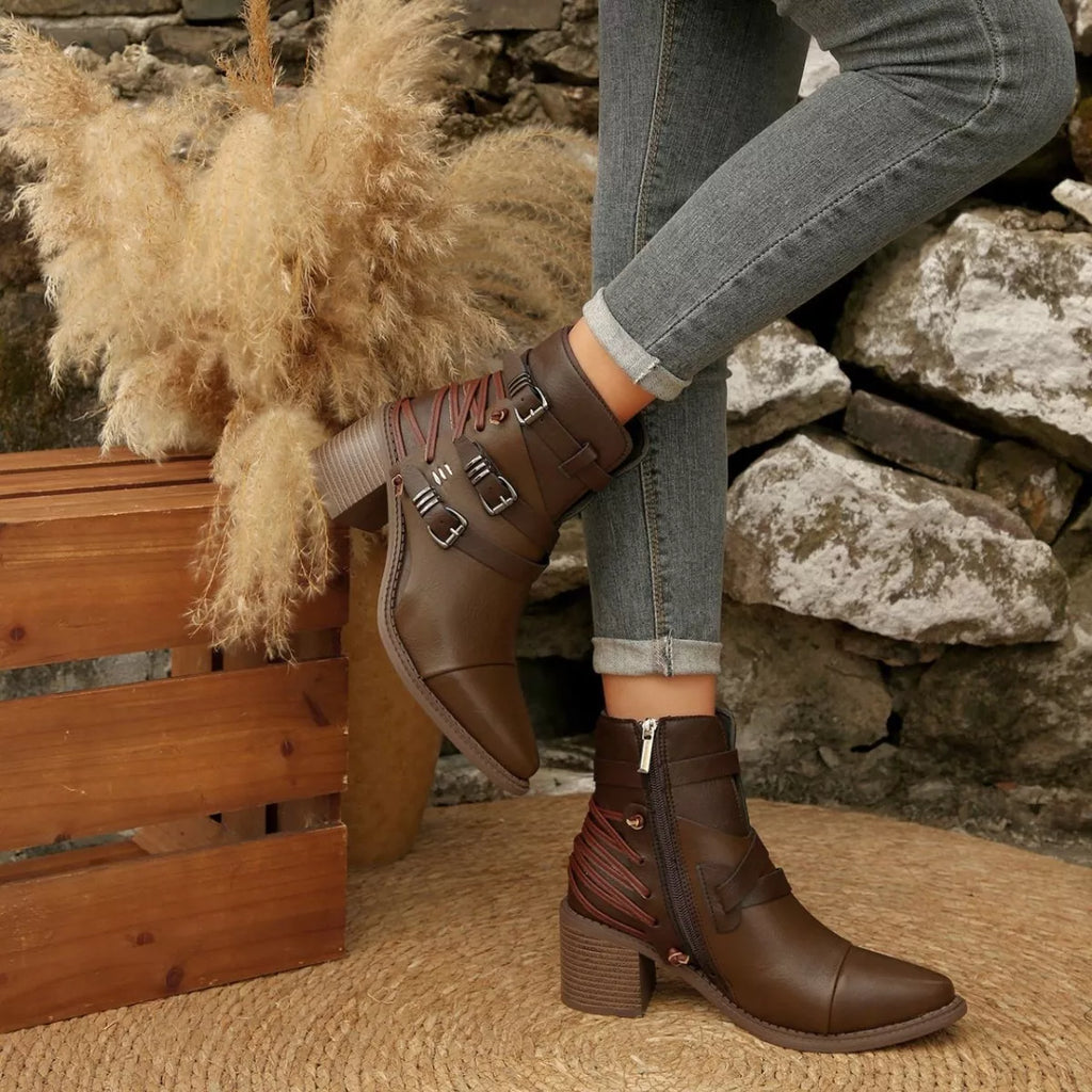 Dark brown point-toe ankle boots with buckle straps and block heels