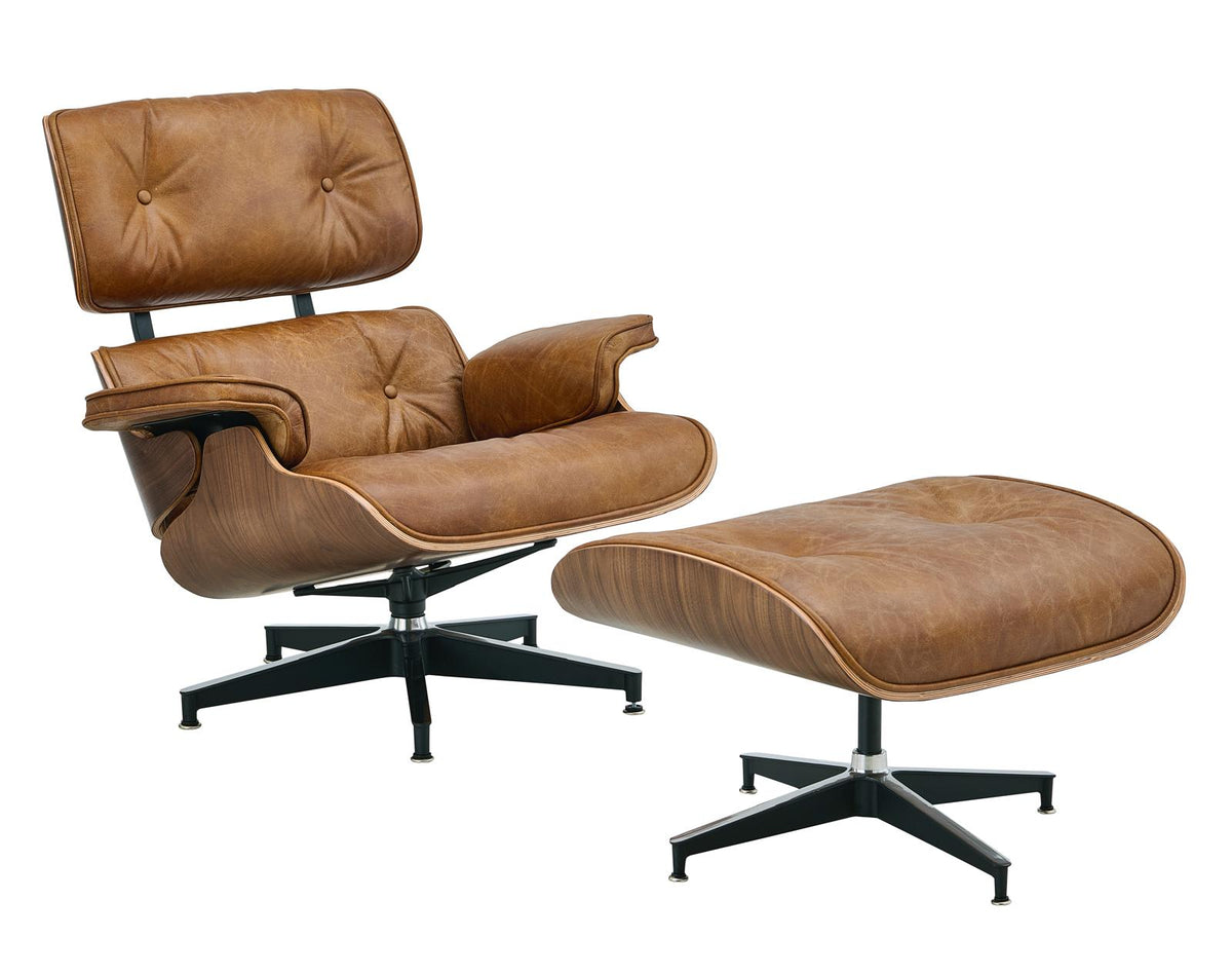 Tan leather lounge chair and ottoman set with padded back, contoured seat, and swivel base