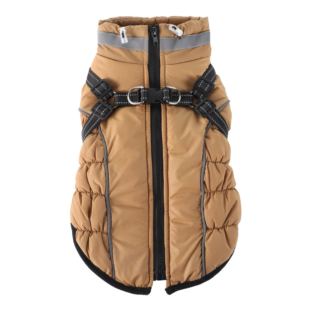 Front view fleece-lined waterproof dog coat, tan with reflective harness straps