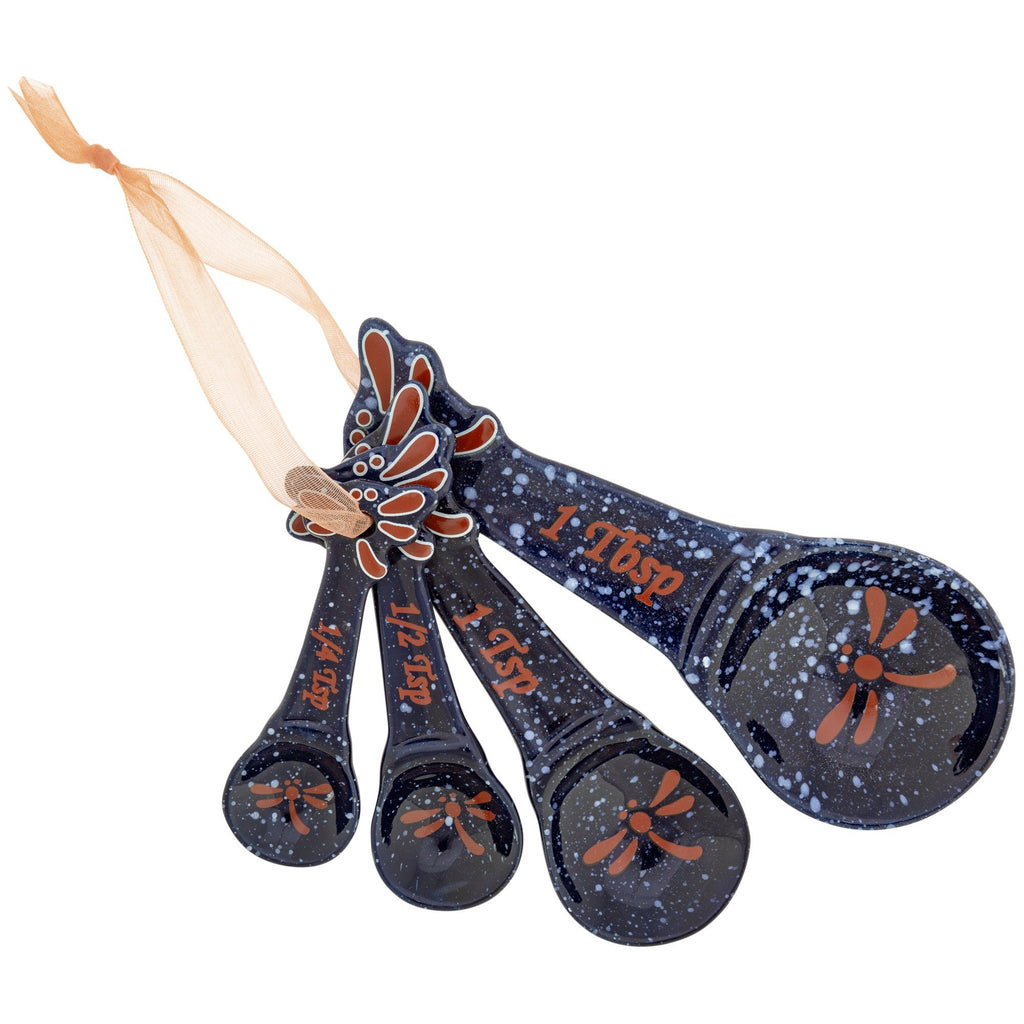 Set of dark speckled ceramic measuring spoons with dragonfly art, 1 Tbsp to 1/4 tsp