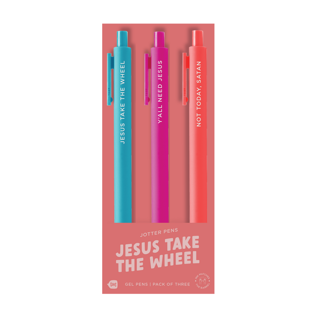 3-pack gel pen set: teal, magenta, orange pens with “JESUS TAKE THE WHEEL” text.