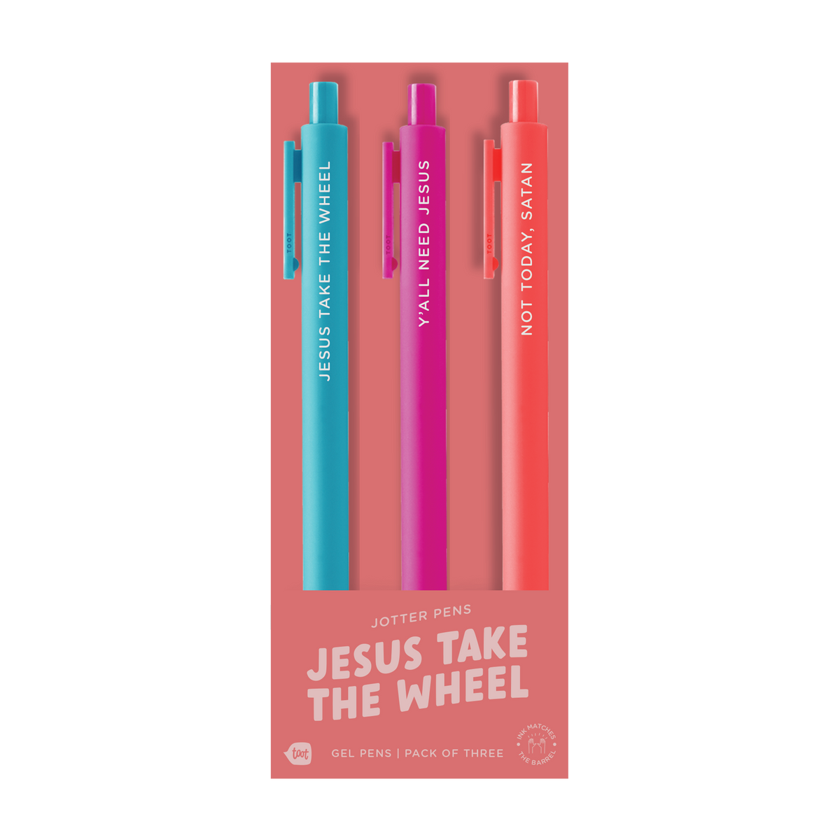 3-pack gel pen set: teal, magenta, orange pens with “JESUS TAKE THE WHEEL” text.