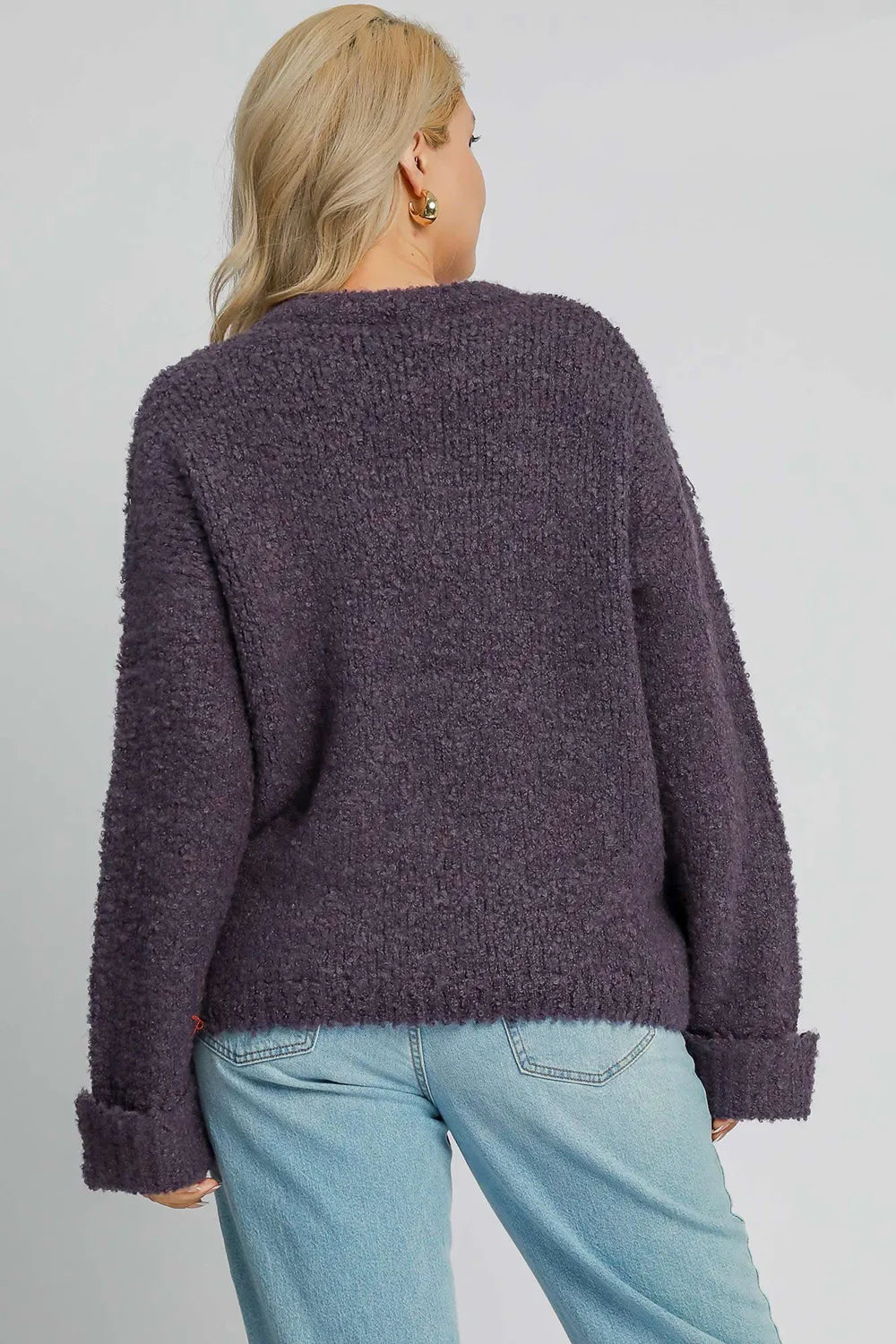 Mauve boucle plus size sweater, back view with ribbed cuffs
