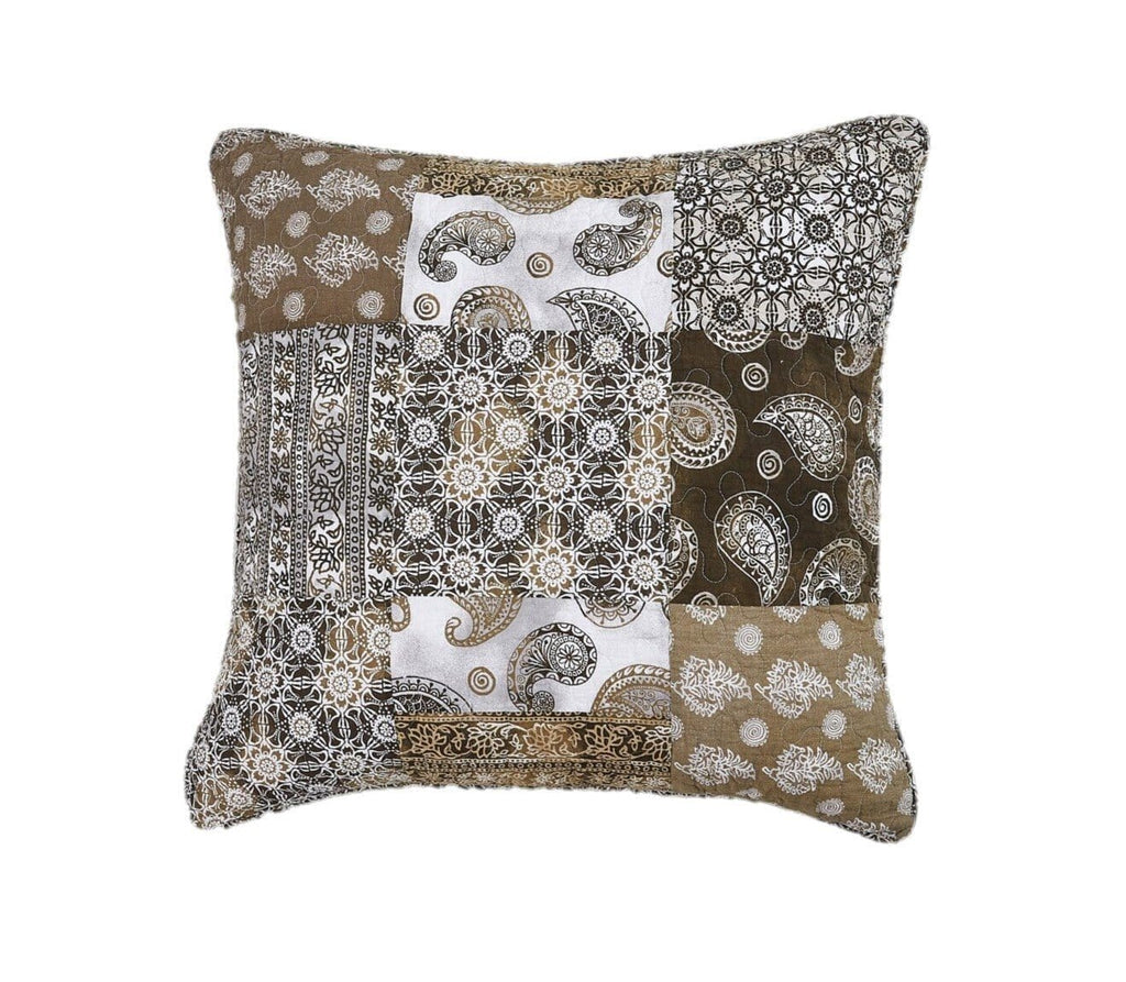 Olive-brown paisley decorative throw pillow with patchwork design and geometric accents