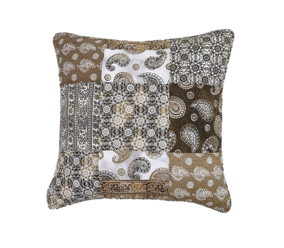 Olive-brown paisley decorative throw pillow with patchwork design and geometric accents