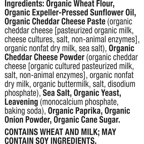 Ingredients list for organic cheddar bunnies crackers, including wheat, sunflower oil, cheddar cheese
