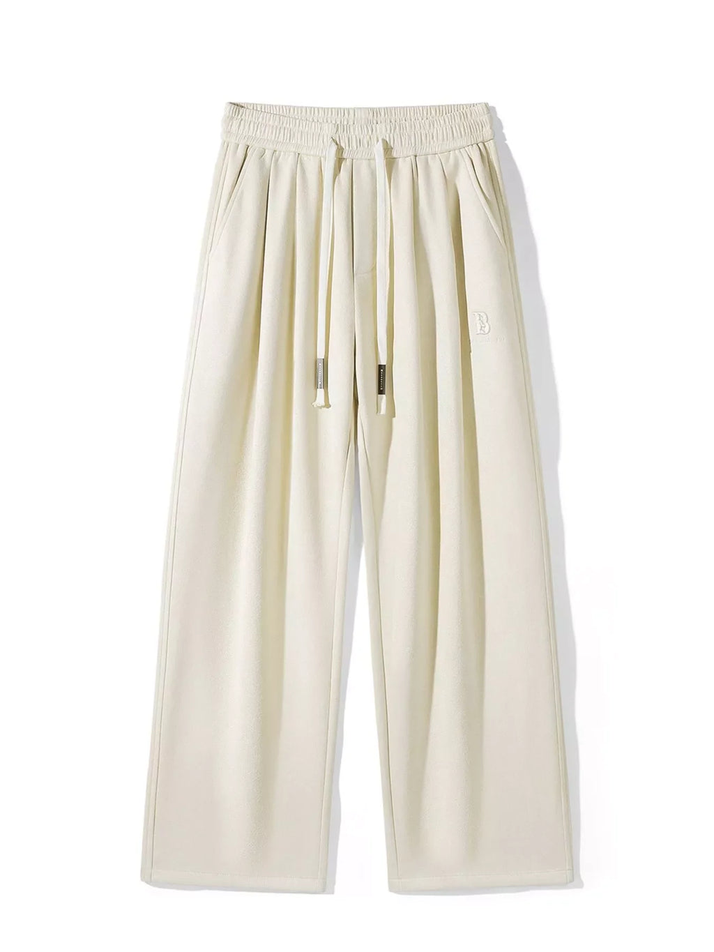 Men's cream drawstring wide-leg pants, pleated front, elastic waistband