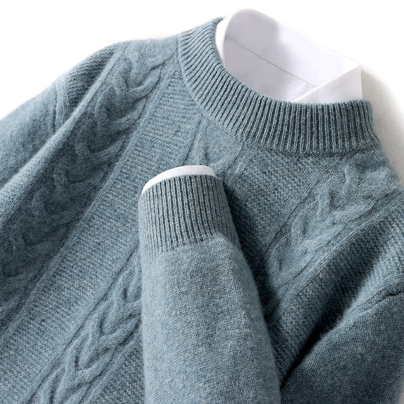Men's wool half turtleneck cable knit sweater, dusty blue-gray, ribbed knit collar