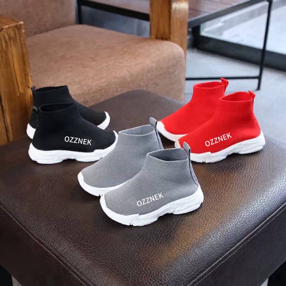 Kids slip-on sneakers set: black, red, and light grey knit uppers with white soles