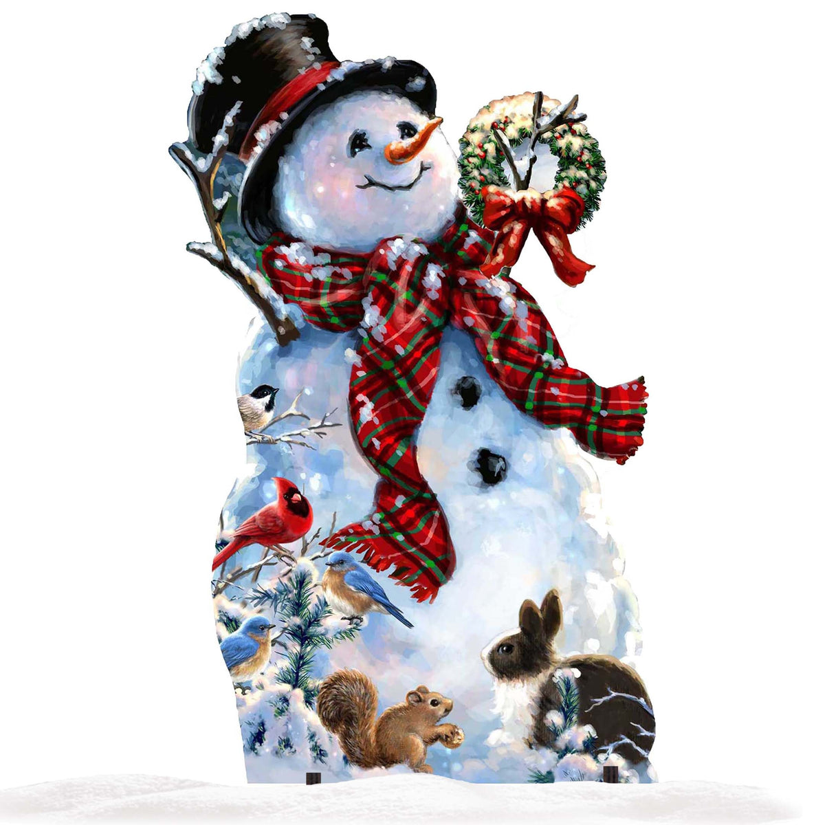 Outdoor Christmas yard stake decor, tall snowy scene with snowman, birds, and woodland animals