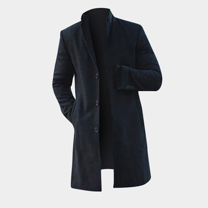 Men's black long trench coat, notch lapels, button front, side pocket