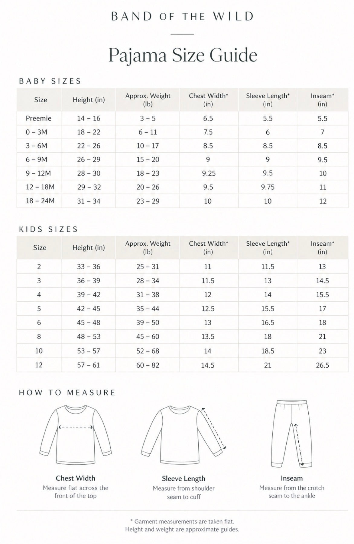 Pajama size guide chart with baby and kids measurements for chest, sleeve length, and inseam