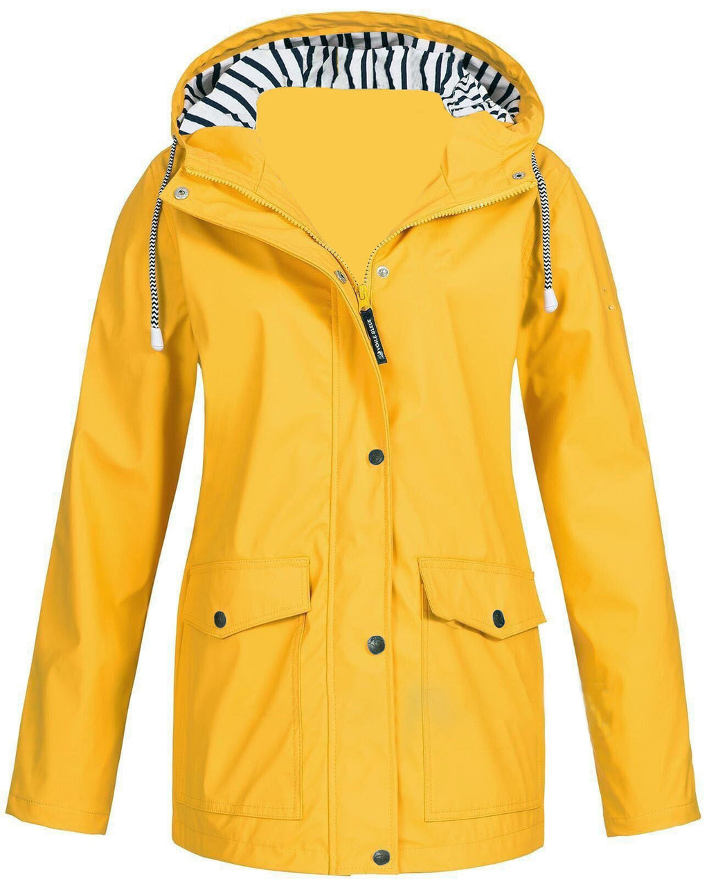 Three-in-one waterproof jacket in yellow, front button placket and hood drawstrings
