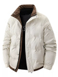 Men's padded lightweight coat in beige, brown-lined hood, full zip front