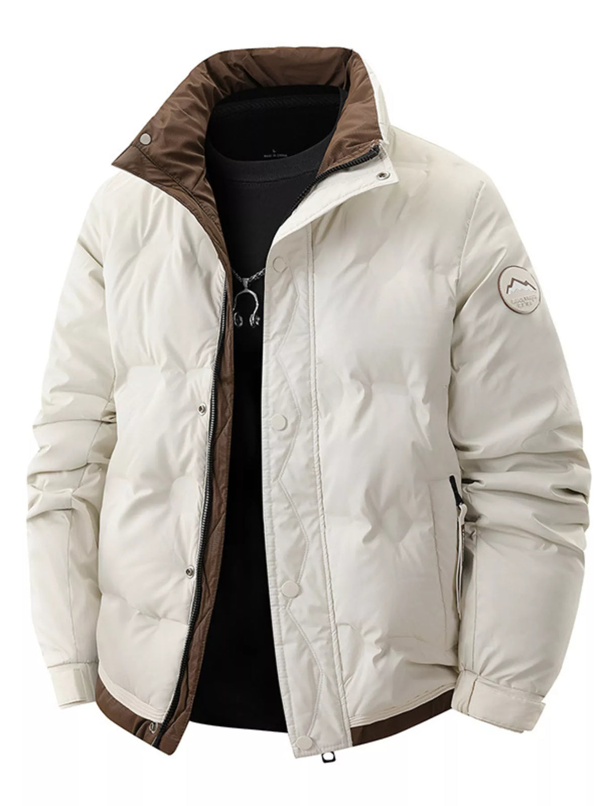 Men's padded lightweight coat in beige, brown-lined hood, full zip front