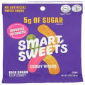 Smartsweets gummy worms candy pouch, purple bag with orange and pink worm graphic