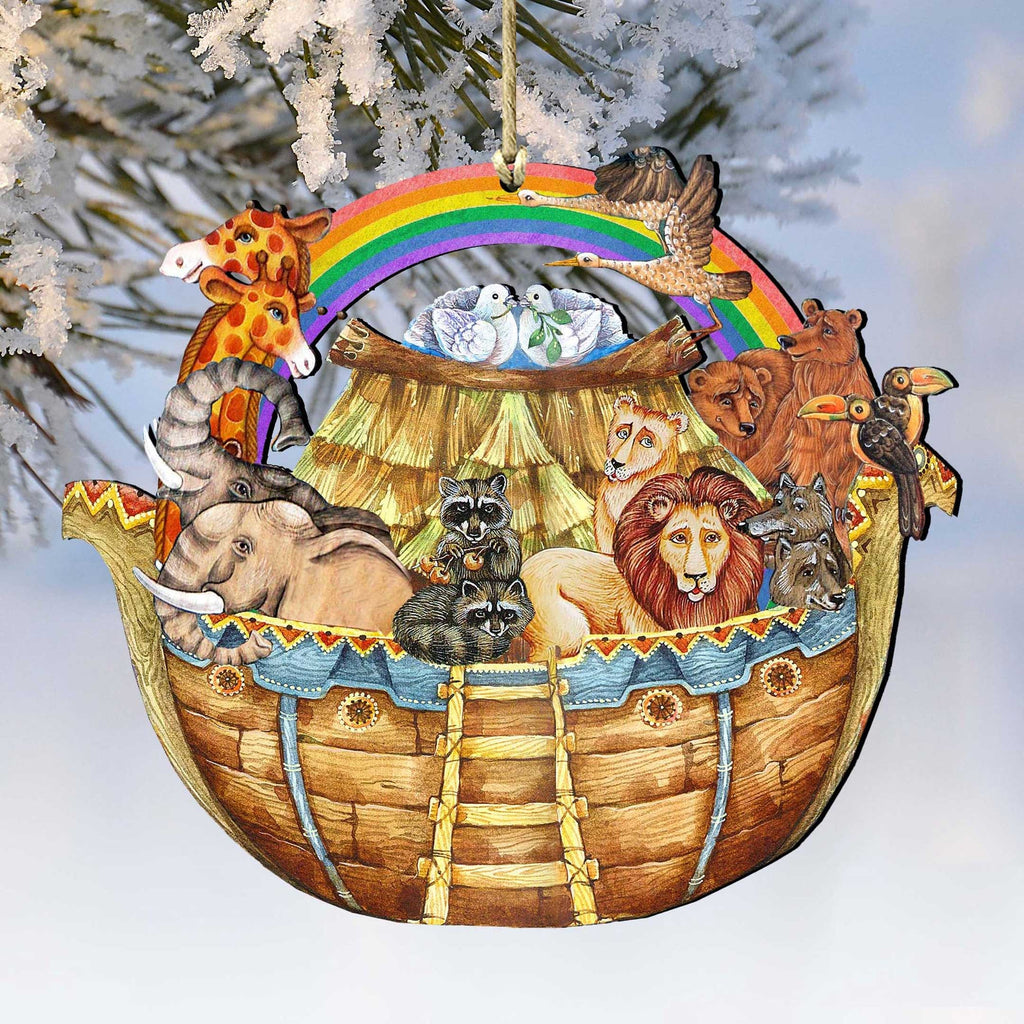 Noah’s Ark wooden Christmas ornament with rainbow and animals inside, hanging loop on top