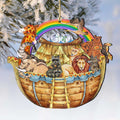 Noah’s Ark wooden Christmas ornament with rainbow and animals inside, hanging loop on top