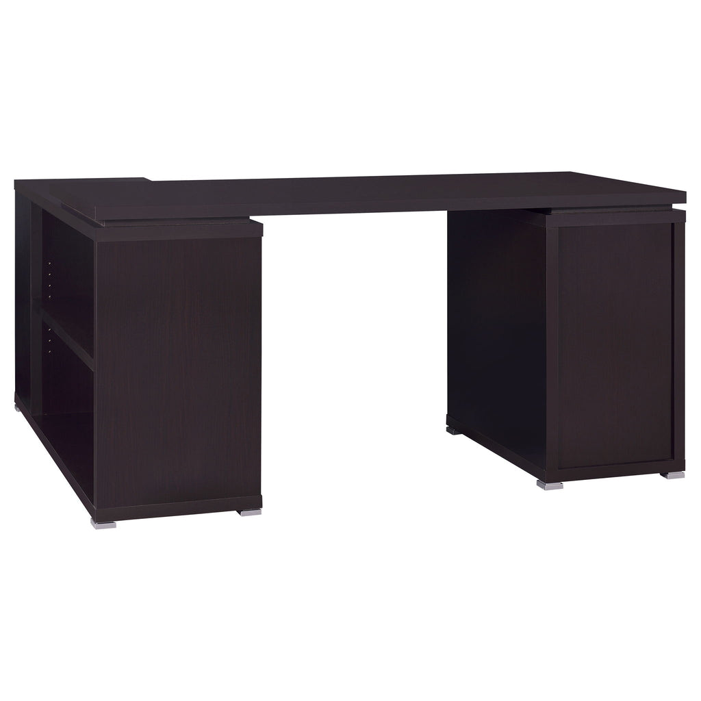 L-shape computer desk with extended work surface and side storage compartments, cappuccino