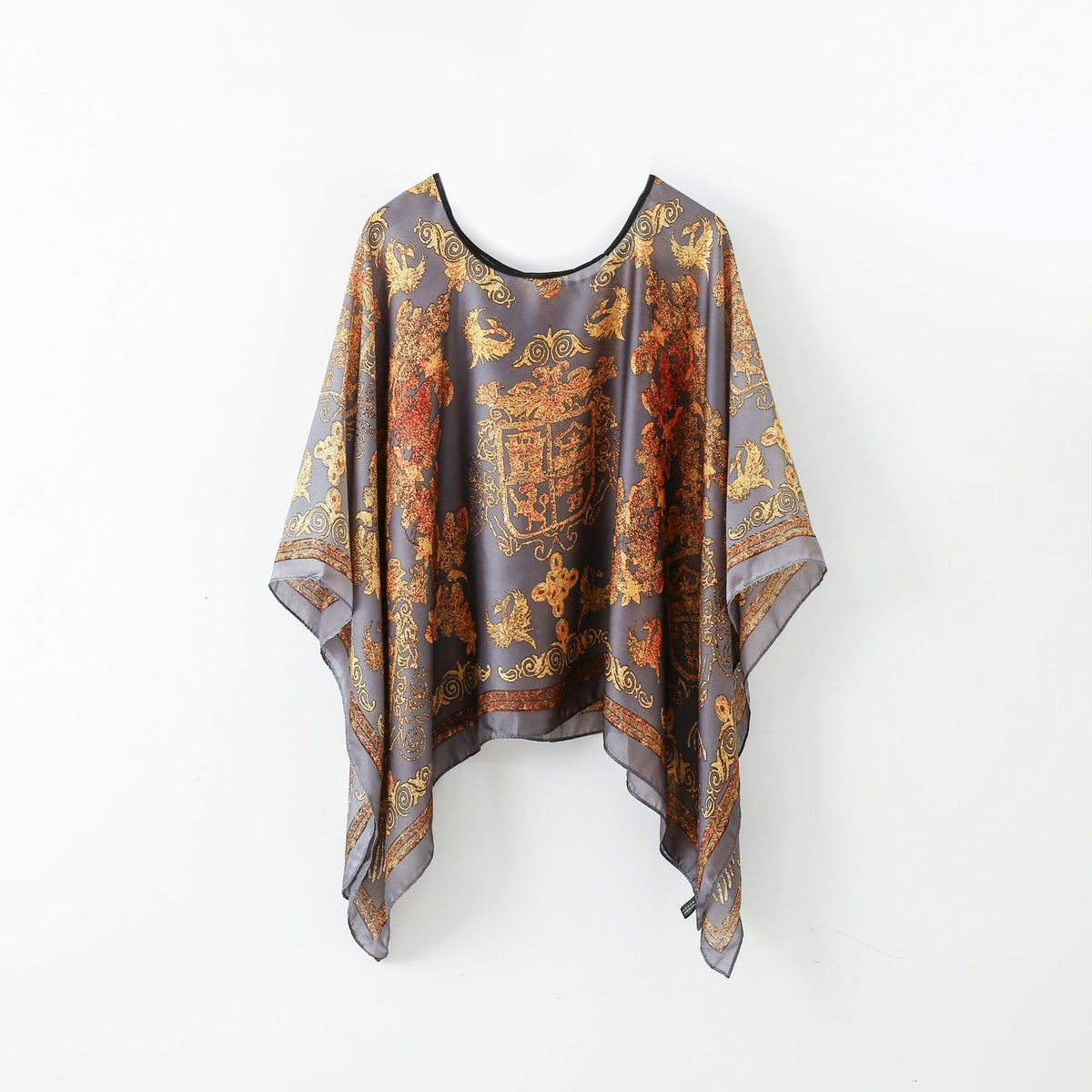 Women's paisley pullover shawl with batwing sleeves, bronze brown and tan motif