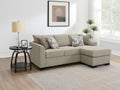 Camel upholstered sleeper sectional chaise sofa with square arms, three seat cushions, dark legs.