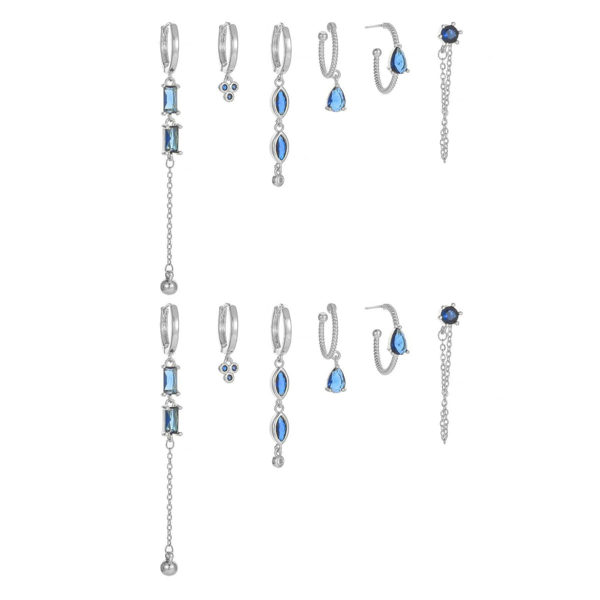 Mixed silver-tone long tassel earrings set with blue teardrop stones and chain dangles
