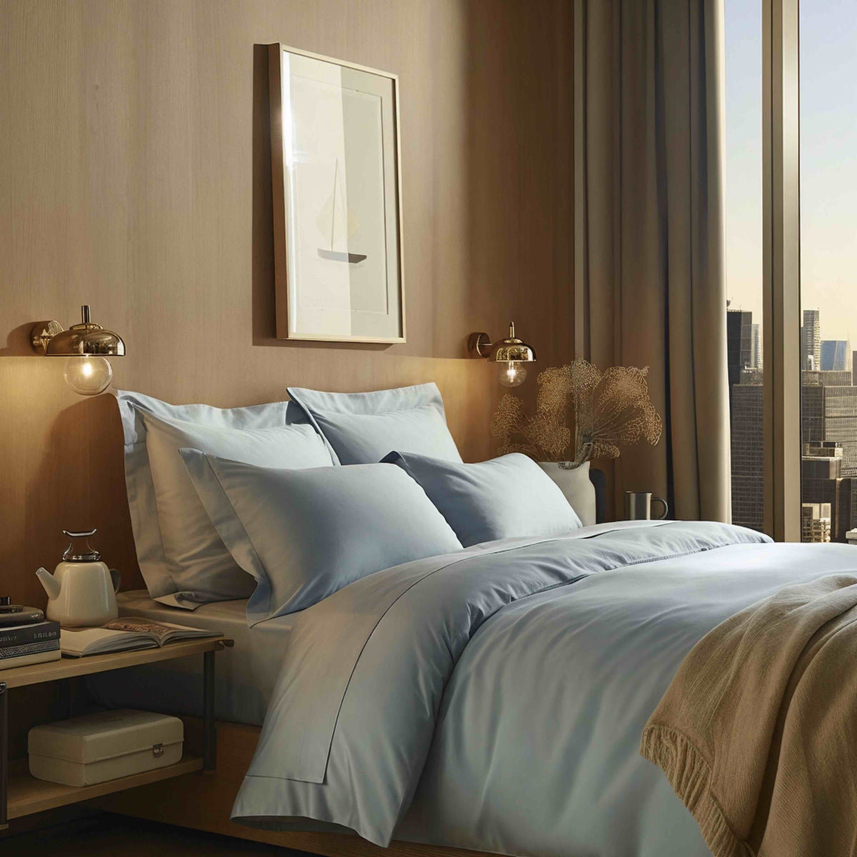 Light blue sateen duvet cover and pillowcases on bed with creases.
