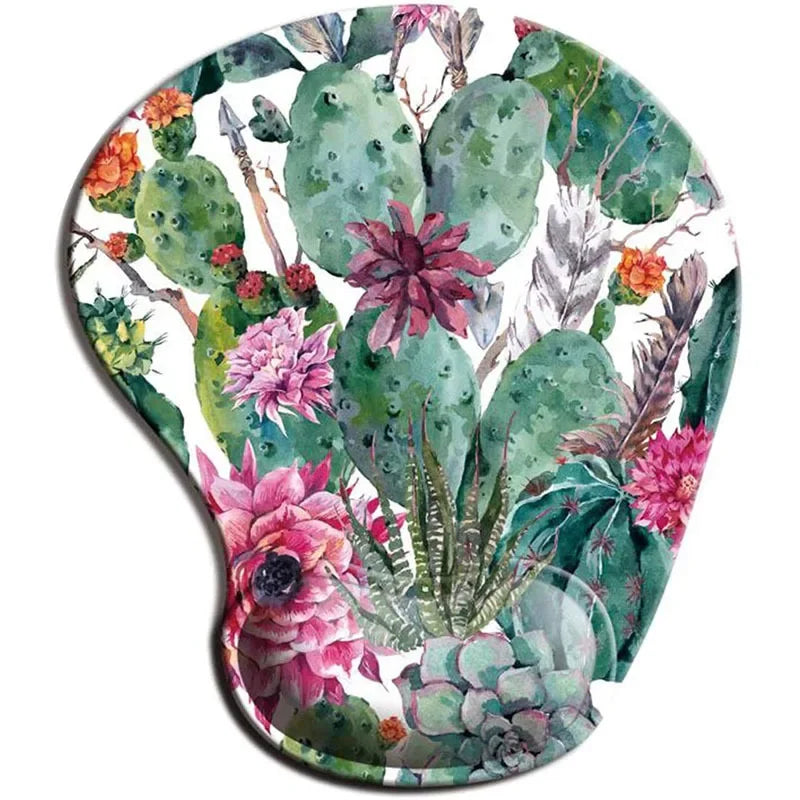 Ergonomic mouse pad with wrist rest, watercolor cactus floral print in green and pink tones