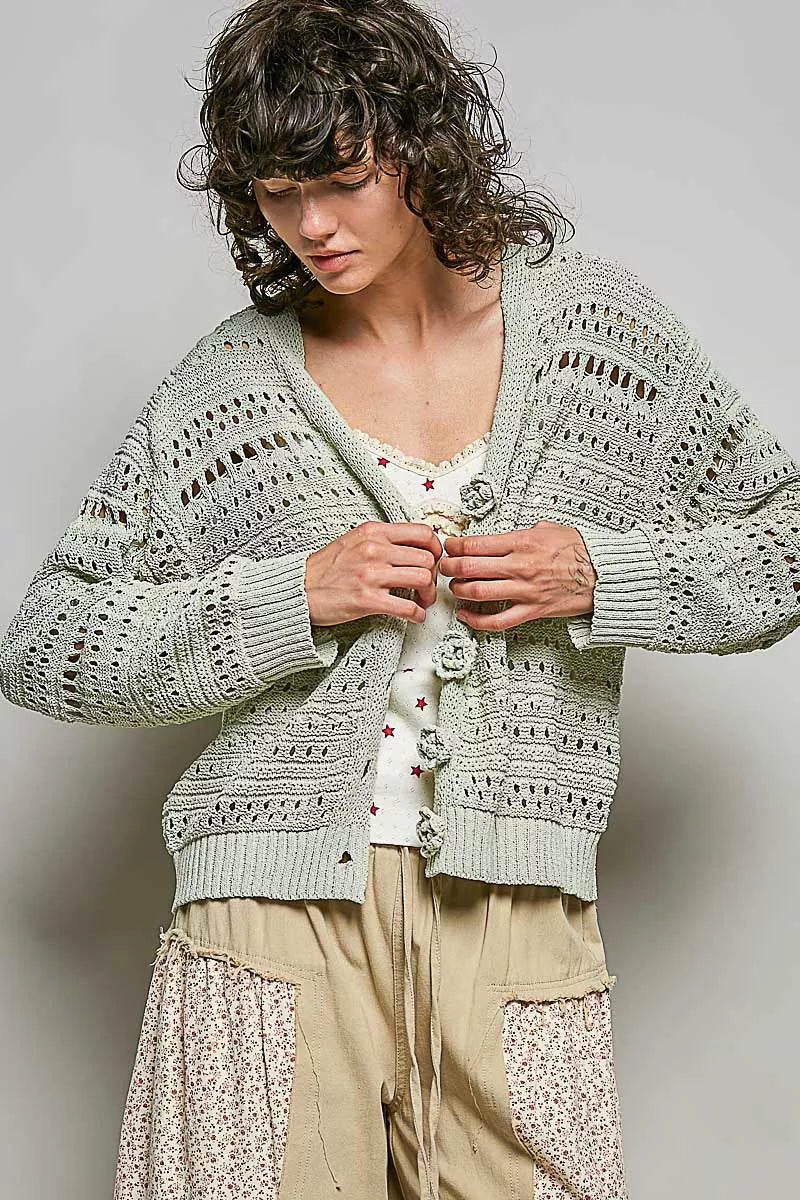 Light gray open-knit cardigan with button front and textured floral detailing