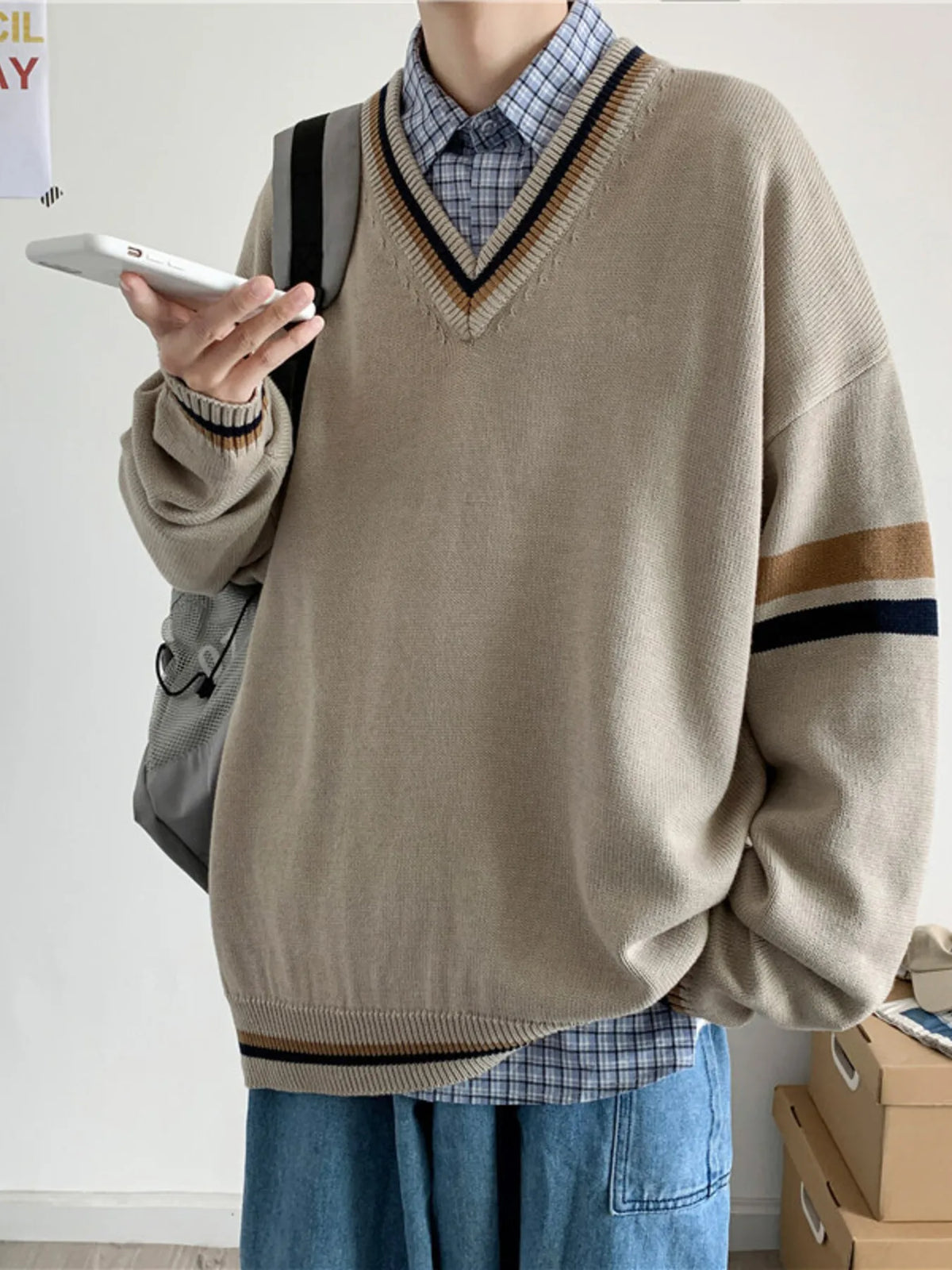 Men's khaki V-neck contrast striped long-sleeve sweater with ribbed trim
