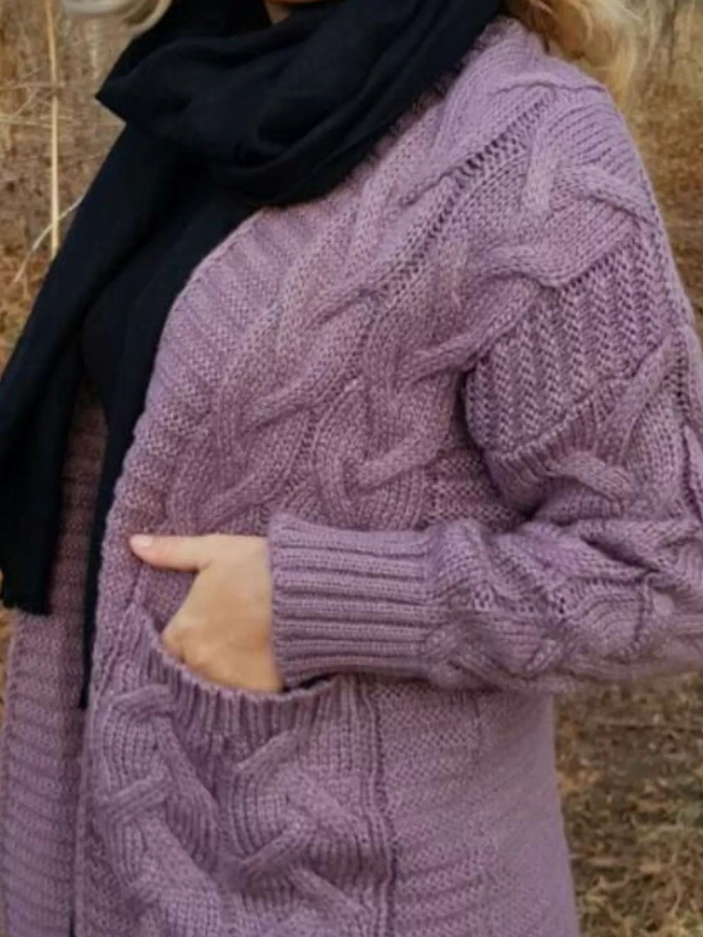 Lilac-purple cable-knit cardigan with open front and textured braided sleeves
