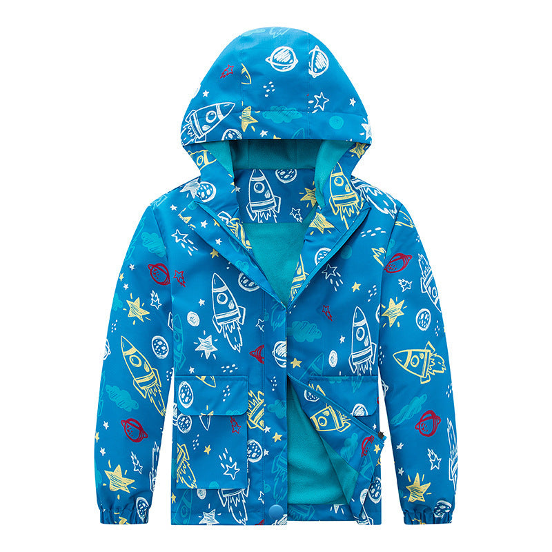 Kids' hooded waterproof jacket in bright blue with space rocket icon print