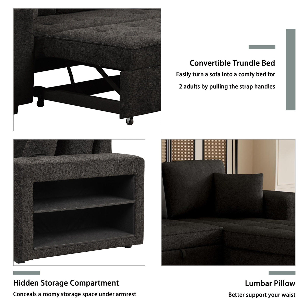 Convertible trundle sofa details: hidden storage compartment and lumbar pillow, dark gray fabric