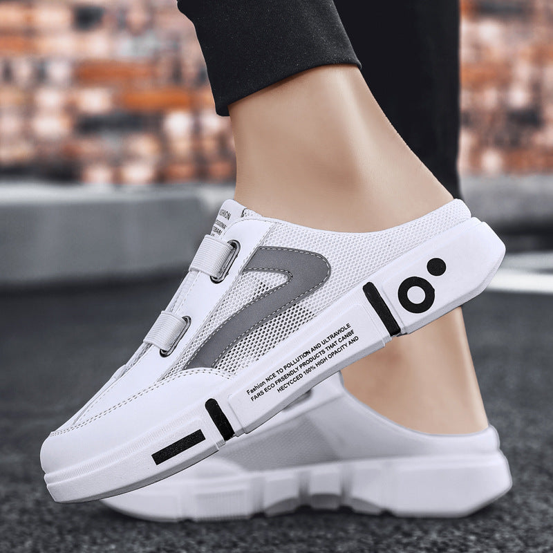 White mesh half slippers on foot, closed toe, dual buckle strap, cushioned sole
