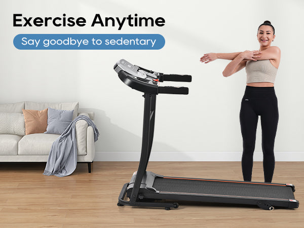 Black folding treadmill with console and pulse handlebar, upright user walking