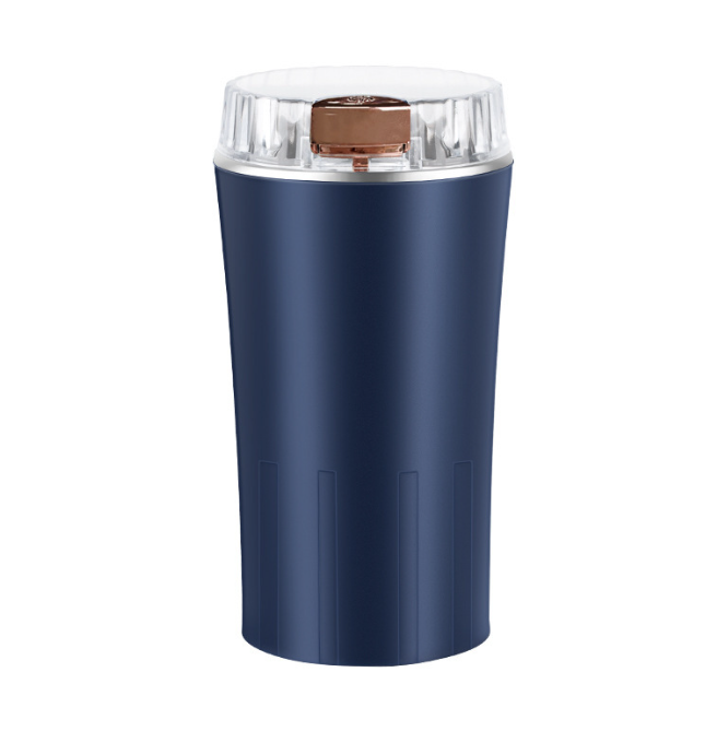 Electric blue coffee grinder with clear lid, visible brown grounds inside