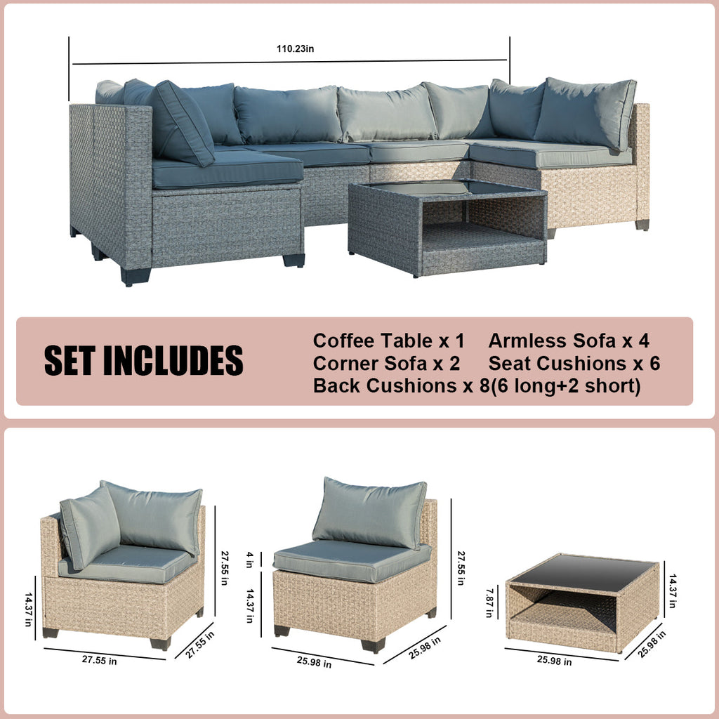 Beige and grey sectional patio set diagram with armchair, corner sofa, and coffee table