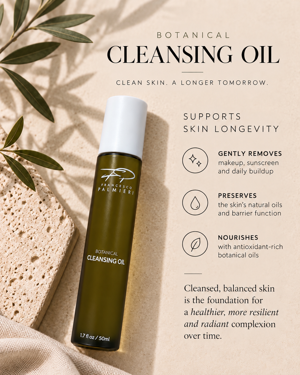 Botanical cleansing oil bottle with pump, featuring olive-green oil; no box