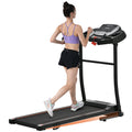 Black folding treadmill with digital console and hand-grip pulse handlebar