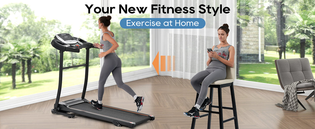 Folding black treadmill with console display and side handrails for home workouts