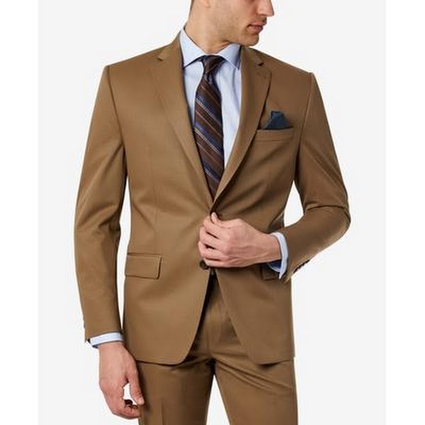 Men's taupe wool stretch suit jacket, two-button single-breasted with flap pockets