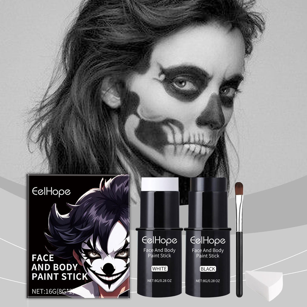 Face and body paint stick set with white and black sticks and makeup brush applicator