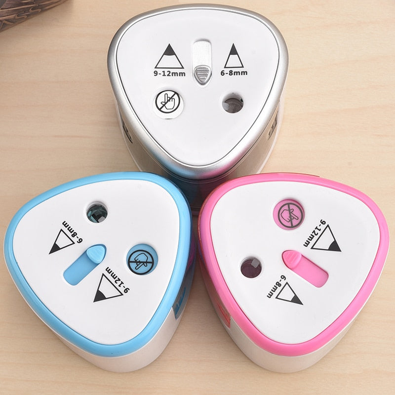 Blue and pink two-hole electric pencil sharpeners with control icons on top