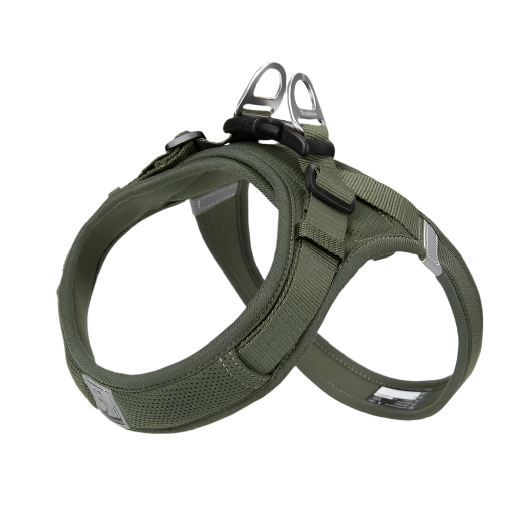 Moss green mesh dog harness with front chest panel and adjustable straps