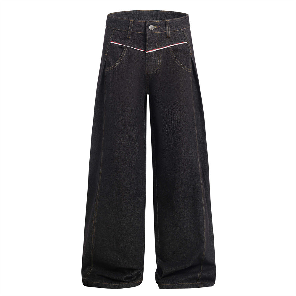 Black wide-leg denim long pants with pleated front, front pockets, and red contrast stitching