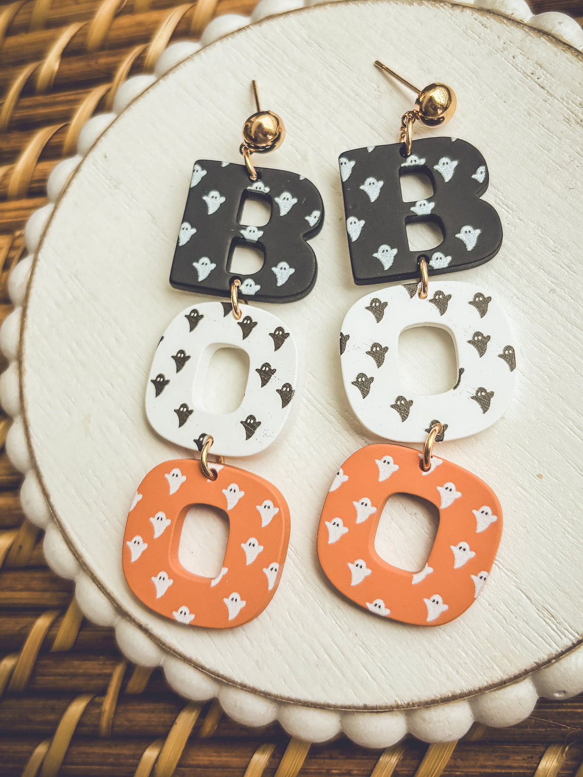 Halloween letter B earrings with black and white heart tiles and orange ring drops