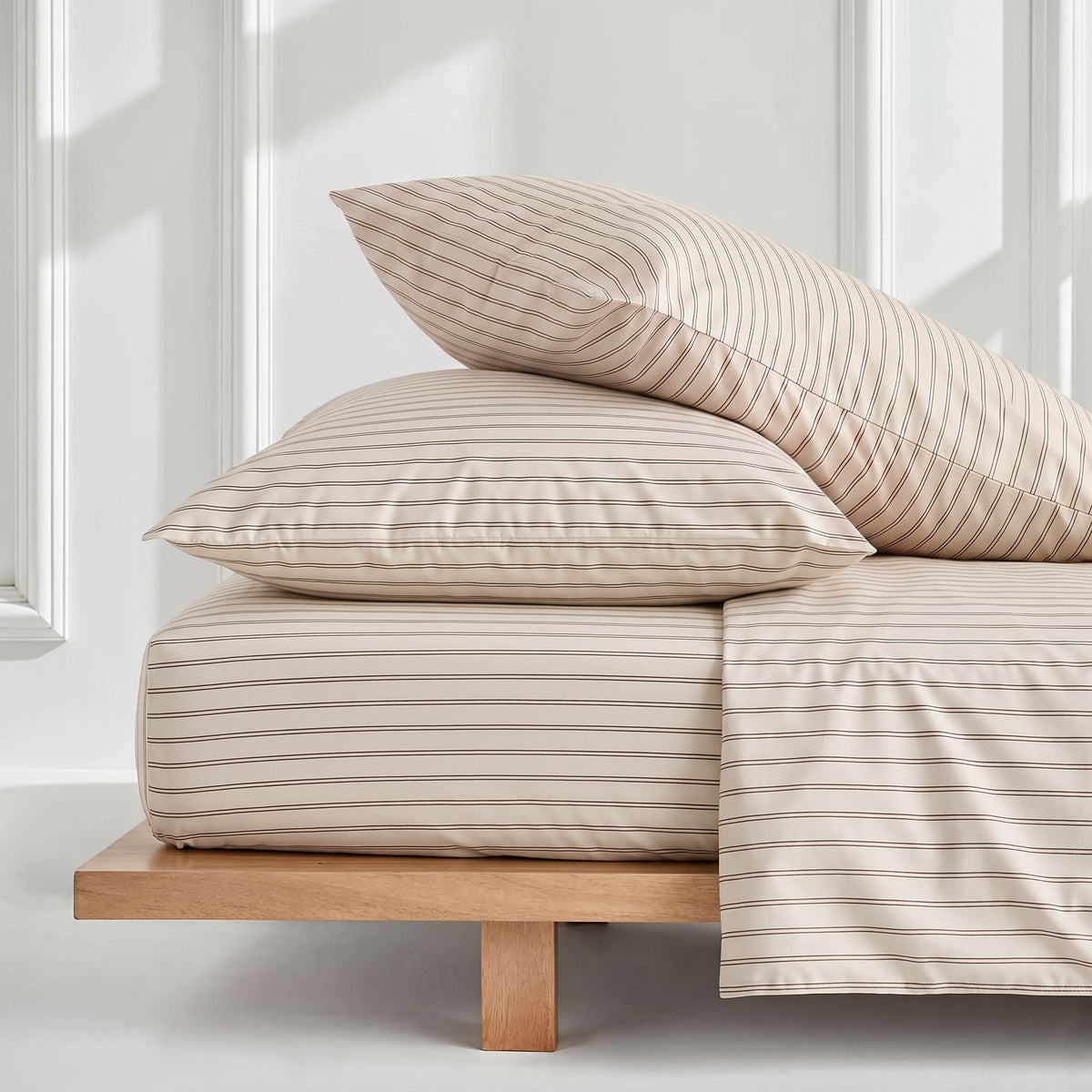 Beige sateen sheet set with thin brown stripes, pillowcases and fitted sheet